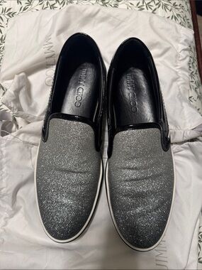 Jimmy Choo Silver Glitter Slip-On Loafers with Black Trim